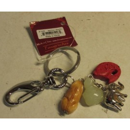 Stone Carved Chinese Feng Shui Key Chain Ring Frog Fish Turtle Elephant Silver