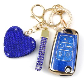 YIKECASE Key Fob Cover with Diamond Keychain for Women, Car Key Holder Compatible with Chevy Cruze Camaro Malibu Equinox Impala GMC Buick Encore Regal Flip Folding Protector, 5 Buttons (Blue-Heart)