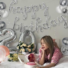 Silver Happy Birthday Balloons Banner,25pcs Cursive Foil Letters Balloons Sign with Latex Balloons, Silver Happy Birthday Banner, Silver Happy Birthday Party Decorations for Women Men Birthday Decor