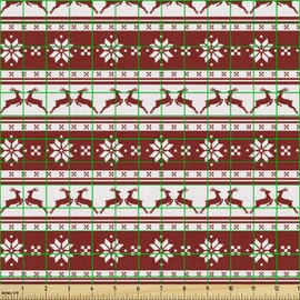 Ambesonne Christmas Fabric by The Yard, Norwegian Scandinavian Traditional Vintage Style Borders Reindeer Striped Flower, Decorative Fabric for Upholstery and Home Accents, 1 Yard, Red White