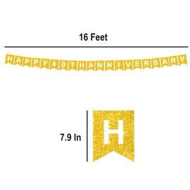 HAPPY 40TH ANNIVERSARY Banner, PRE-STRUNG, Gold Glitter 40th Anniversary Decorations & Decor, Happy 40 Year Wedding Anniversary Party Banner Backdrop, Forty Celebration Party Hanging Sign Photo Booth Props