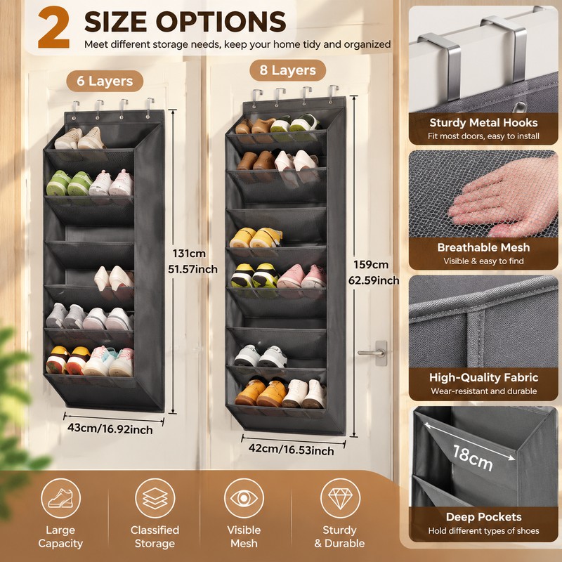 Over-the-Door Shoe Organizer with Deep Pockets – 6-Layer Hanging Shoe