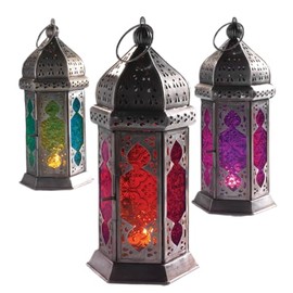 Moroccan Style Glass Lantern, Large Tonal Design, Handmade Metal and Glass, 30 cm Height, Fair Trade (1 lamp) (Green)
