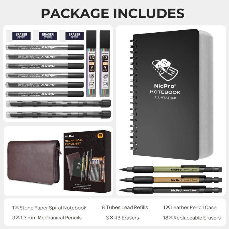 Nicpro 18PCS Mechanical Pencil Set in Leather Cover - with