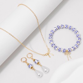 Beads Bow Charm Bracelet Jewelry Set for Women Flower Vintage Dainty Bow Pendant Choker Jewelry Blue Jewelry Sets for Women Gift