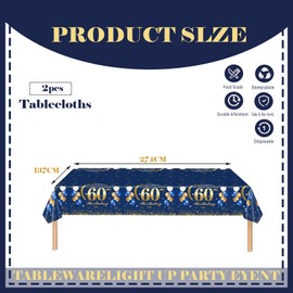 COSORO 2pcs Navy Blue Gold 60th Table Cloth,Happy 60th Birthday Tablecloth for Men Women 60th Birthday Table Decoration,137*274cm Plastic Tablecloths Table Cover 60th Birthday Decorations for Him Her