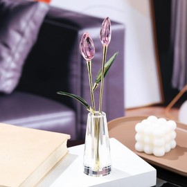 Movdyka Pink Crystal Tulips in Vase - Elegant Glass Tulips Flowers Home Decor for Mom Wife, Present for Women on Anniversary Wedding Birthday