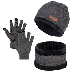 3 PCS Beanie Hat Gloves Scarf for Women and Men Oversize Winter Beanie,Warm Fleece Lined Touchscreen Gloves Hat Scarf Set Gray