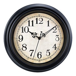 Plumeet Retro Wall Clock, 12'' Non Ticking Classic Silent Vintage Wall Clocks Decorative Kitchen Living Room Bedroom - Battery Operated, Black
