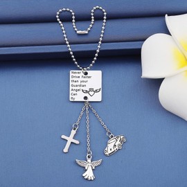 MYOSPARK Guardian Angel Car Charms for Rear View Mirror Never Drive Faster Than Your Guardian Angel Can Fly Ball Chain Car Pendant Accessories