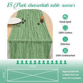 15 Pack Sage Green Cheesecloth Table Runner, 10FT Gauze Long Semi-Sheer Table Runner Cheese Cloth Fabric for Wedding Table Decor, Boho Rustic Party Bridal Shower Decor