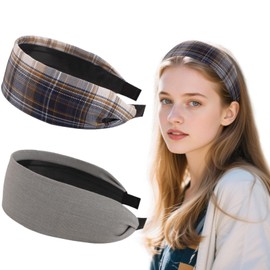 KIUEZIR 2 Pack Grey-toned Extra Wide Headbands - Fabric Tartan Print Hairbands with Non-Slip Inner Teeth, Chic Hair Accessories for Women Everyday/Casual/Party Hairstyles & Durable Stretch Design