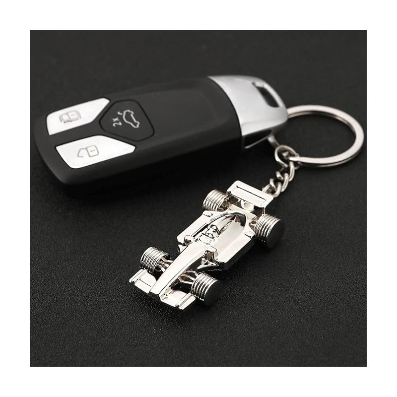 Glossy Silver Racing Car Keyring Keychain