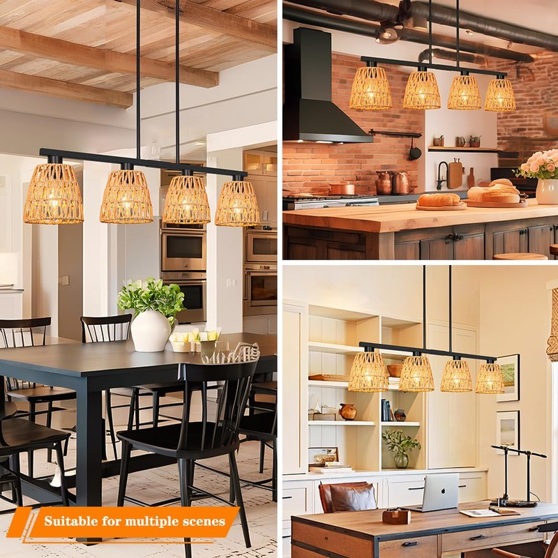 Black 4-Light Kitchen Island Lighting, Boho Rattan Dining Room Light