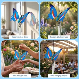 Lizzy 3pcs Butterfly Wind Chime Garden Hanging Ornament Outdoor Decorative Windchime for Balcony Window Patio Colourful Butterfly Decor Gift for Home Garden Decoration - Blue, Green, Pink (1 of Each)