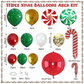 NEVKA Christmas Balloons Garland Arch Kit, 111 Pcs Christmas Foil Balloons, Red Green Christmas Balloons for Kids, Candy Windmill Crutch Gift for New Year Winter Holiday Party Decor