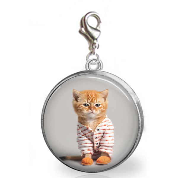 Unbranded Kitty Cat in PJ's & Slippers Glass Top Charm