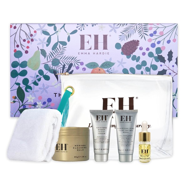 Emma Hardie Brilliance Holiday Gift Set with Moringa Cleansing Balm, Reusable Cleansing Cloths, Vitamin C Cream, Purifying Pink Clay Mask and Brilliance Facial Oil, With Cosmetic Bag, Travel Size