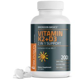 Bronson Vitamin K2 D3 (MK7) Supplement Non-GMO Formula Vitamin D3 5000IU (125 mcg) & 90 mcg K2 MK-7, Easy to Swallow D & K Complex, 200 Tablets