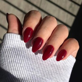 Wine Red Fake Nails Glossy Almond Press on Nails Medium Solid Color Acrylic False Nails Press ons Reusable Full Cover Artificial Nails for Women DIY Nails Decoration