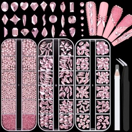 2750Pcs Pink Glass Nail Rhinestones 240Pcs Multi Shapes Flatback Nail Gems + 2510Pcs 1.5-4mm Round Crystal, Manicure Nail Charms Diamond Gemstones for Acrylic Nails Decoration