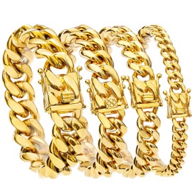 Gold Cuban Link Chain Necklace or Bracelet with Design Box Clasp for Men Boys 18K Gold Stainless Steel Hip Hop Miami Curb Chains(12MM, 7.5")