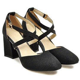 HSyc JRX Women's Glitter Pumps with Ankle Strap and 7 cm Block Heel High Heels Strap Shoes, black, 40 EU