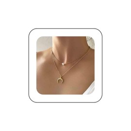 Aneneiceera Boho Layered Crescent Moon Pendant Necklace Gold Small Pearl Pendant Simple Chain Choker Necklaces Fashion Jewellery Adjustable Wedding Accessories Gift for Women and Girls