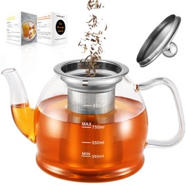 Glass Teapot, 33oz / 1000ml Teapot with Removable Infuser, Clear Tea Pot for Loose Leaf Tea and Blooming Tea, Stovetop Safe Glass Tea Kettle with Scale Line and Tea Brewer Guide