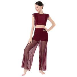 Lyrical Dance Costumes for Women Modern Contemporary Ballet Dancewear Two Piece Outfit Criss Cross Tank Crop Tops Mesh Tulle Wide Leg Bottom Pants Leotards Jazz Modern Dance Solo Set Burgundy M