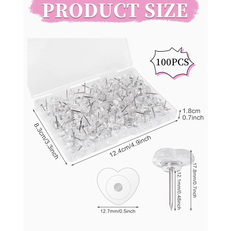 MYGLOAR 100pcs Heart Shaped Push Pins Push Pins Clear 16mm