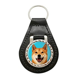 Shiba Inu Dog Leather Key Fob, Black leather and silver metal., 35x70mm