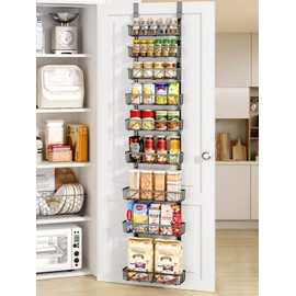 Delamu Adjustable Narrow Over the Door Pantry Organizer, 9-Tier Metal Pantry Organization and Storage for Kitchen, Hanging Spice Rack Seasoning Shelves, Cabinet Door Organizer for Easy Install, 12.5"