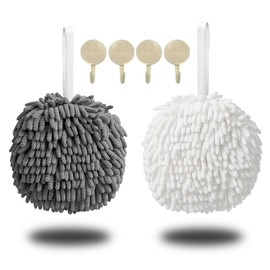 Rose Manor Fuzzy Ball Towels, 2 Pack Hanging Bathroom Hand Towels Super Fluffy Chenille Ball Towels, Highly Absorbent Bathroom/Kitchen Soft Hand Towels with 4 Hooks for Instant Drying of Hands