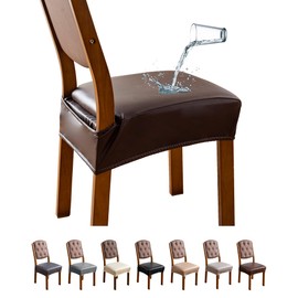 Genina Dining Chair Covers Set of 4, Waterproof PU Leather Dining Seat Covers Stretch Wipeable Dining Room Seat Cover Kitchen Chair Slipcover Protector (Rear-Covered Design, Chocolate)