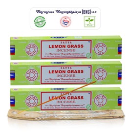 Satya Nagchampa Lemon Grass Incense Sticks, Satya Bng (Bangalore) Insenses 15gmx3 Pack (45 GMS) with Raajsee Incense Holder Bundle, Satya Nagchampa Natural Incense