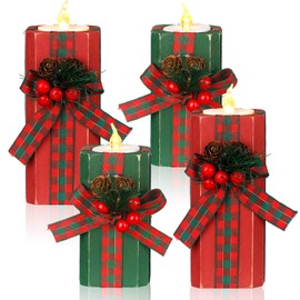 Baquler Set of 4 Christmas Tealight Candle Holders with LED Tealights Wooden Xmas Tealight Candle Holder Decorations Buffalo Plaid Red Green Votive Candlestick for Christmas Tabletop Centerpiece Gifts