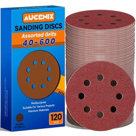 Aucenix 120 pieces sandpaper 125 mm Velcro: 8 holes sanding discs 40/60/80/120/150/180/240/320/400/600 different grits - sanding sheets for random orbital sanders for metal wall wood