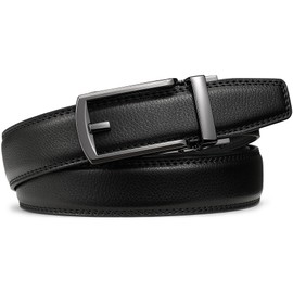 Founders & C Mens Ratchet Belt Leather Comfort Click 1 1/4" with Slide Buckle, Casual Dress Belt Adjustable (Gun/Litchi Black, 28" to 34" Waist Adjustable)