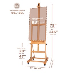 DJAR Wood H Frame Studio Art Easel for Painting, 75’’-146’’ Adjustable Height, Wood Large Artist Floor Easel on Wheels, Hold Canvas up to 93’’, 360 Degree Casters, for Adults