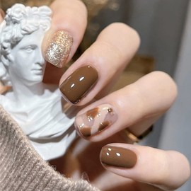 24 PCS Coffee Colored Nails Dairy Cow Crest Nail Tips for Take Pictures, Weddings, Coming-of-age Ceremonies, Parties, After-parties, False Nails Fake Nails