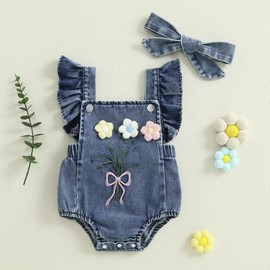 Douhoow Baby Girl Denim Romper Ruffle Flowers Embroidery Baby Girl Romper with Headband Infant Girl Summer Clothes (Sky Blue, 6-12 Months)