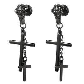 JewelryWe 2pcs Unisex Mens Stainless Steel Double Cross Pendants Dangling Vintage Gothic Skull Claw Stud Earrings,Black (with Gift Bag)