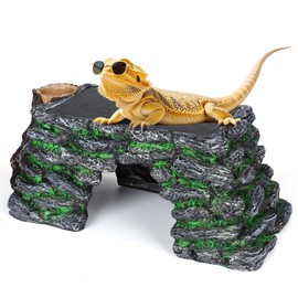 Hygger Zoo 3 in 1 Large Bearded Dragon Basking Platform 13.4x7.1x5.3 in Scape Step Ledge Cave Hideout Natural Rock Reptile Food Bowl Reptile Tank Accessories for Lizard, Geckos, Ball Pythons, Tortoise
