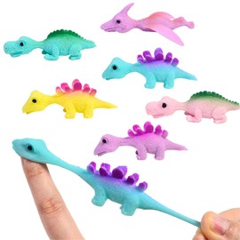 KnjoFly Slingshot Dinosaur Finger Toys, Mini Rubber Dino Figures Finger Sling Shot Toys, Flying Games Party Favors Gift Toy, Funny Gag Gifts for Kids Teens Boys (6 Pcs)
