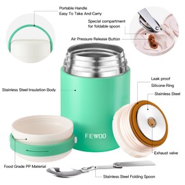 Soup Flask, 600ml Vacuum Insulated Food Jar for Hot Cold Food, Leak Proof Soup Containers for Kids and Adults (Green)