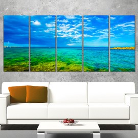 Designart PT11459-401 Picturesque Green Blue Seashore-Modern Seascape Canvas Artwork-60x28 5 Piece, 60x28-5 Equal Panels