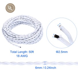 PATIKIL 50 Ft Twisted Cloth Covered Wire, Black UL Listed 18AWG 2-Conductor Vintage Cloth Covered Lamp Cord Replacement Cord for Pendant Light Bulb Industrial DIY Project, White