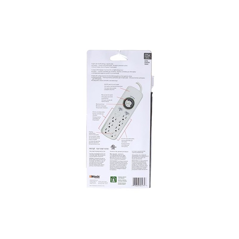 Woods 22575WD Indoor 8-Outlet Power Strip with Built-In Mechanical Timer;