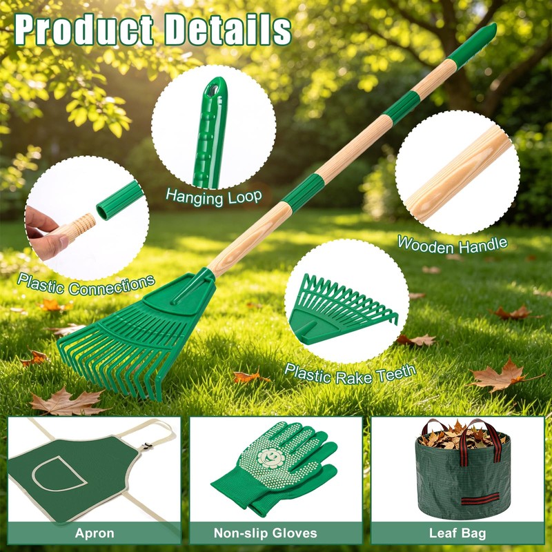 HLWDFLZ 7Pcs Kid Adjustable Garden Leaf Rake Set, with 13.2